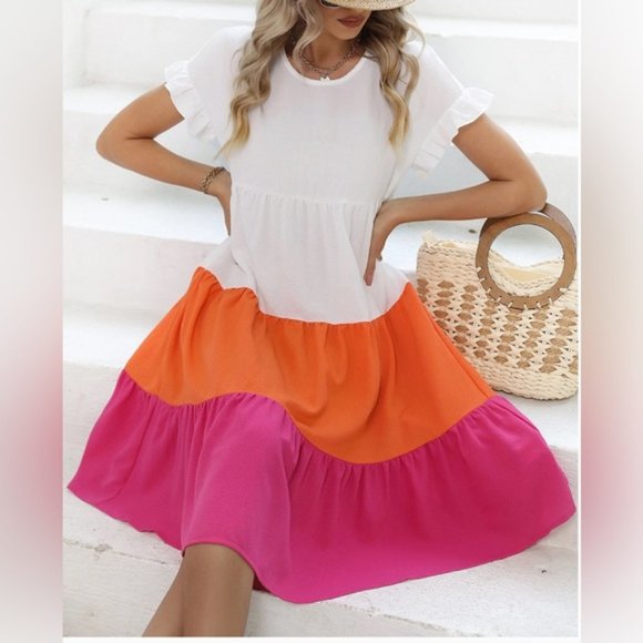 Color Block Flounce Sleeve Ruffle Hem Smock Dress 50% OFF - Picture 2 of 6